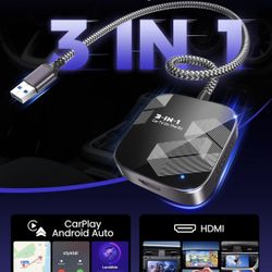 3-in-1 Wireless CarPlay Adapter for Netflix/YouTube, Metal&Glass Case, Fit for 2016+ Cars -Black