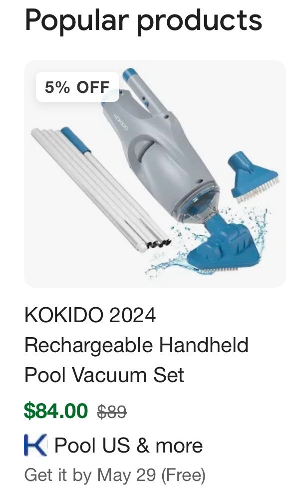 KOKIDO 2024 Rechargeable Handheld Pool Vacuum Set with Adjustable Pole and 2 Interchangeable Brush Heads Bundle with 6 Foot Compact 5-Section Aluminum