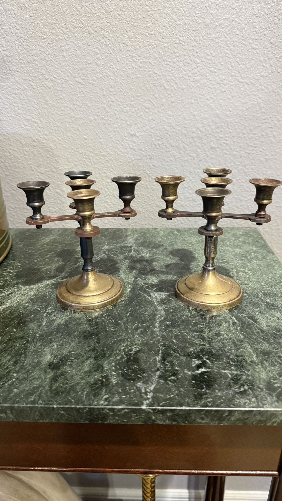 Pair of brass candle holders, 5” tall, each can hold 5 candles