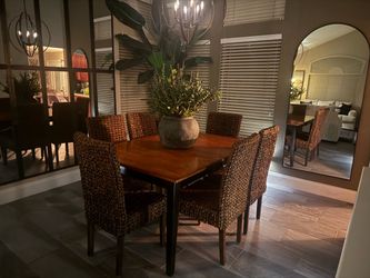 Wood Dining Table with 6 Wicker Chairs