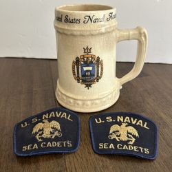 United States Navy Academy Beer Mug Vintage 1950’s And Two Patches 