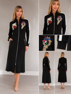 Embellished Black Zip-Front Long Dress with Striped Sleeves