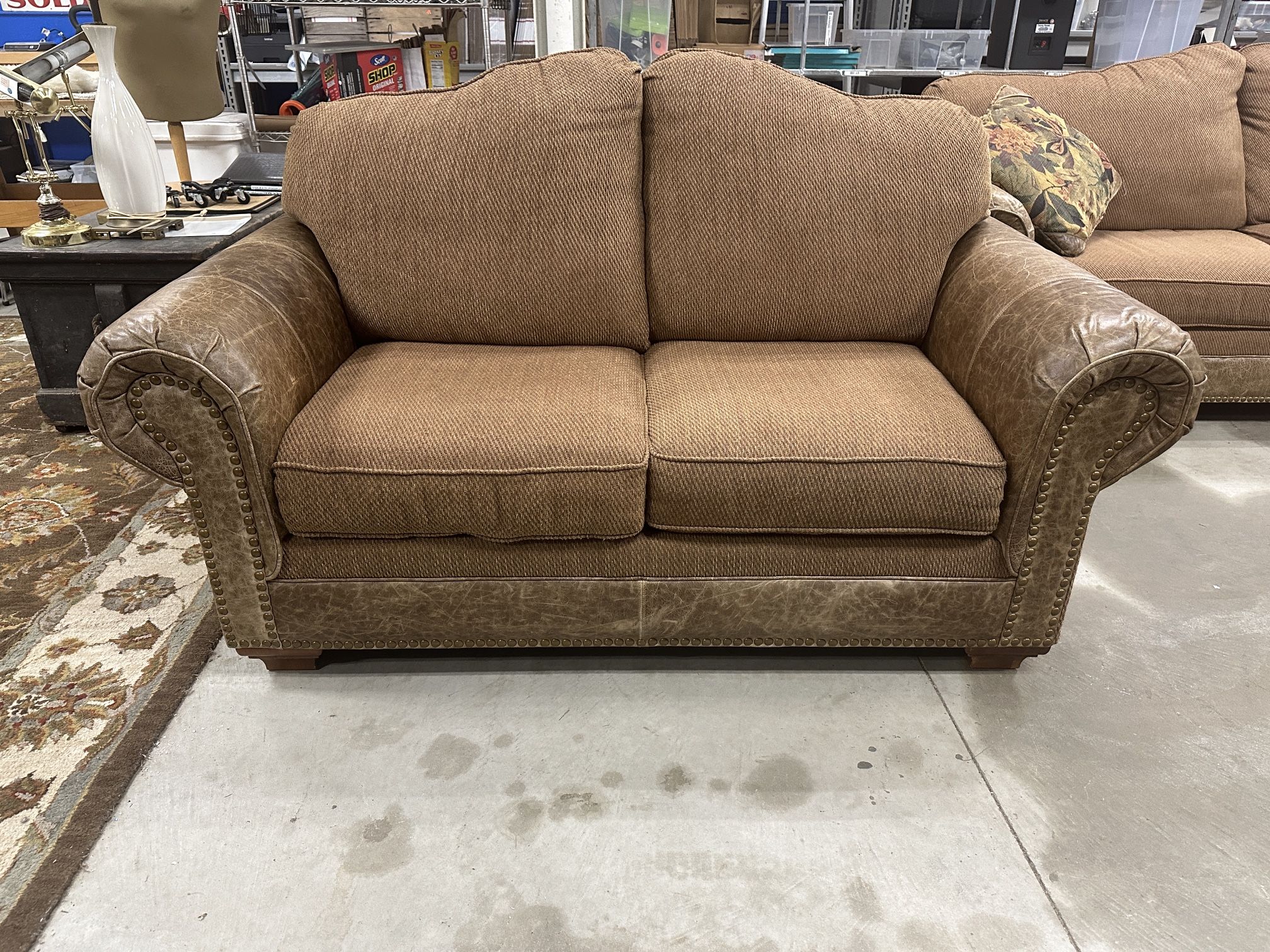 Riverside Furniture Brown Leather & Fabric Loveseat β Matching Sofa Couch Available π We Deliver
