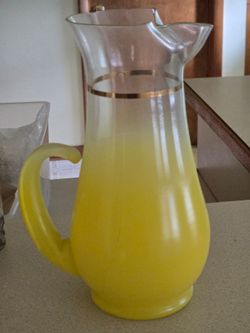 Vintage Glass Pitcher Yellow Ombre Gold Rim