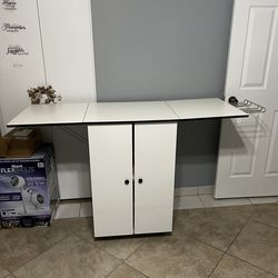 White Folding Table w/ Storage Cabinets & Pull-Out for Ironing and folding laundry