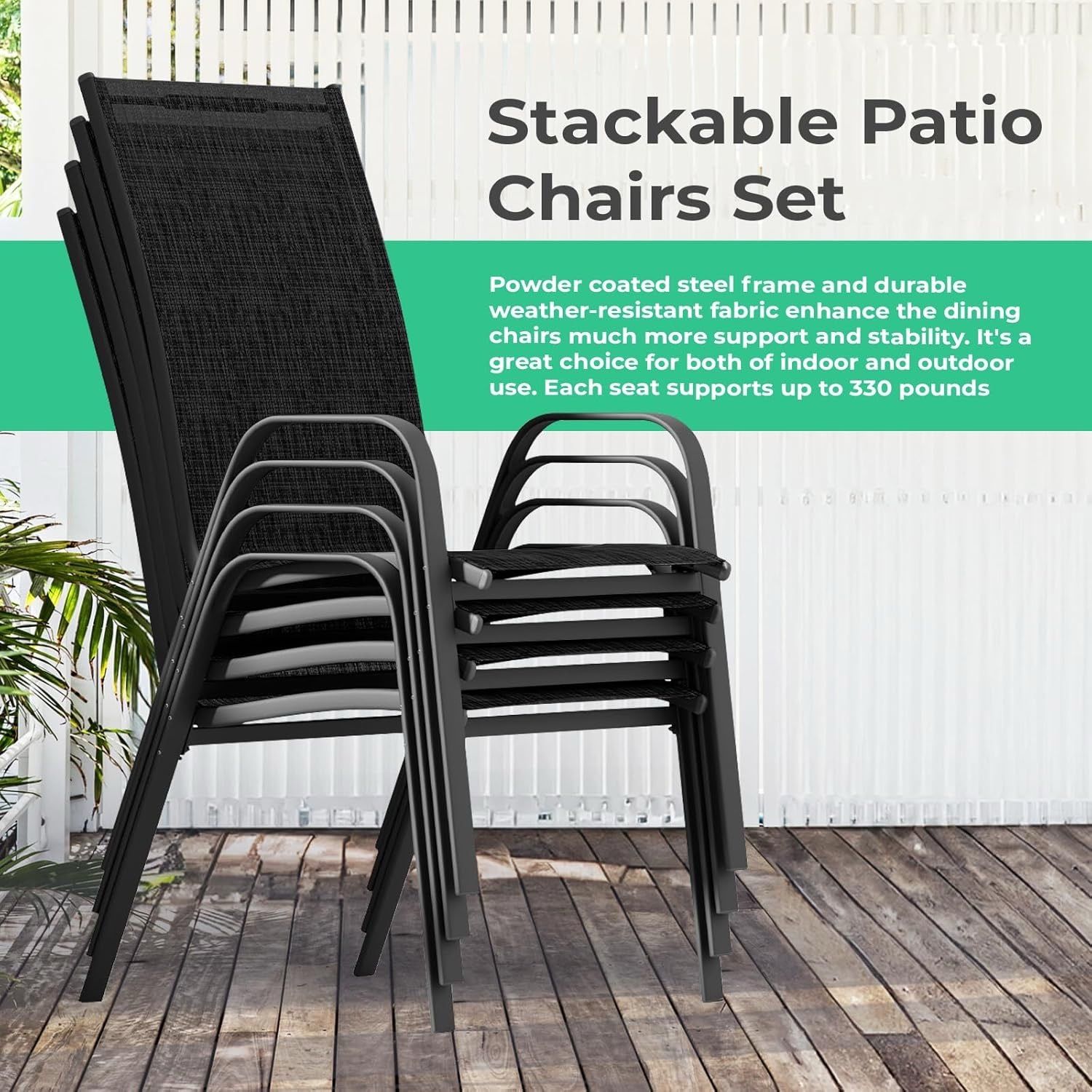 Chairs Set of 4, Outdoor Stackable Dining Furniture Set Color Black Material Tesslin Product Dimensions 16.7"D x 23.6"W x 37.7"H Size 4 Chai