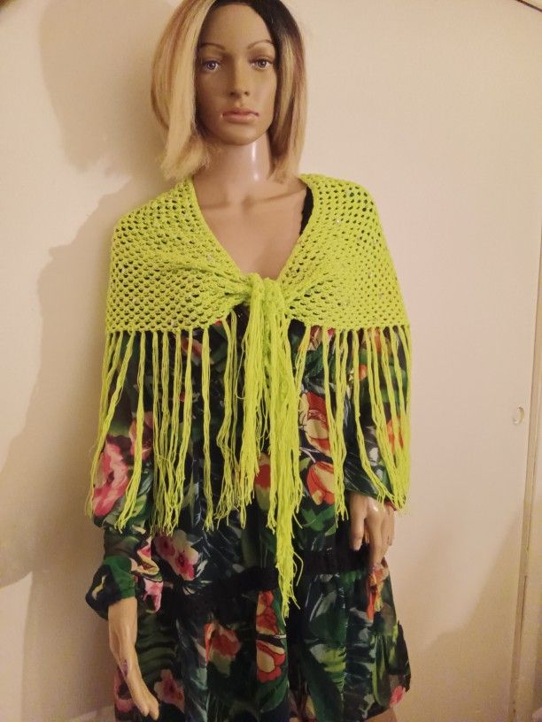 Neon Green Shawl With Tassells
