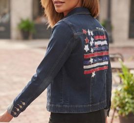 Chico's Americana Flag Denim Jacket Embroidered We The People Red Lined Sz 3 XL
