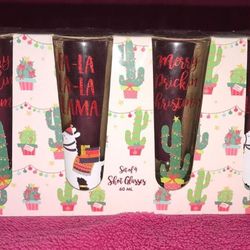FA-LA LA-LA Llama Merry Pricklin Christmas Cactus Set Of 4 Tall Shot Glasses NEW!