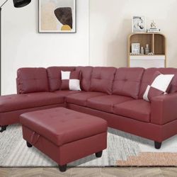Red Leather Sectional Couch And Ottoman 