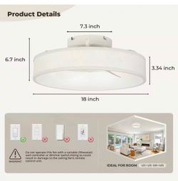 18 in. Smart Indoor LED All White Low Profile Caged Flush Mount Fandelier Ceiling Fan with Remote for Bedroom Baby Room