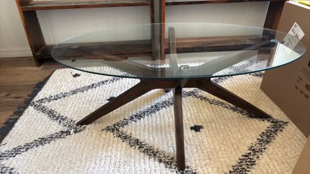 Glass table wood base. Mid century