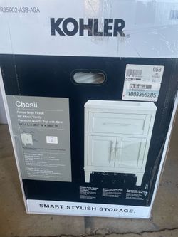 KOHLER Chesil 24in. Single Sink Freestanding Atmos Grey Bath Vanity with Bianco Bella Quartz Top Assembled