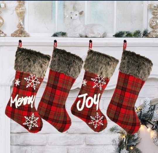 New 4 Pack 18.5" Christmas Stocking Classic Red & Black Buffalo Plaid Stockings w/ Plush Fur Cuff