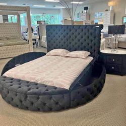 King Queen size Black Round storage bed frame with storage