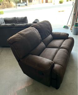 $300 OBO-Brown Fabric Reclining Loveseat and 3 Seater Sofa