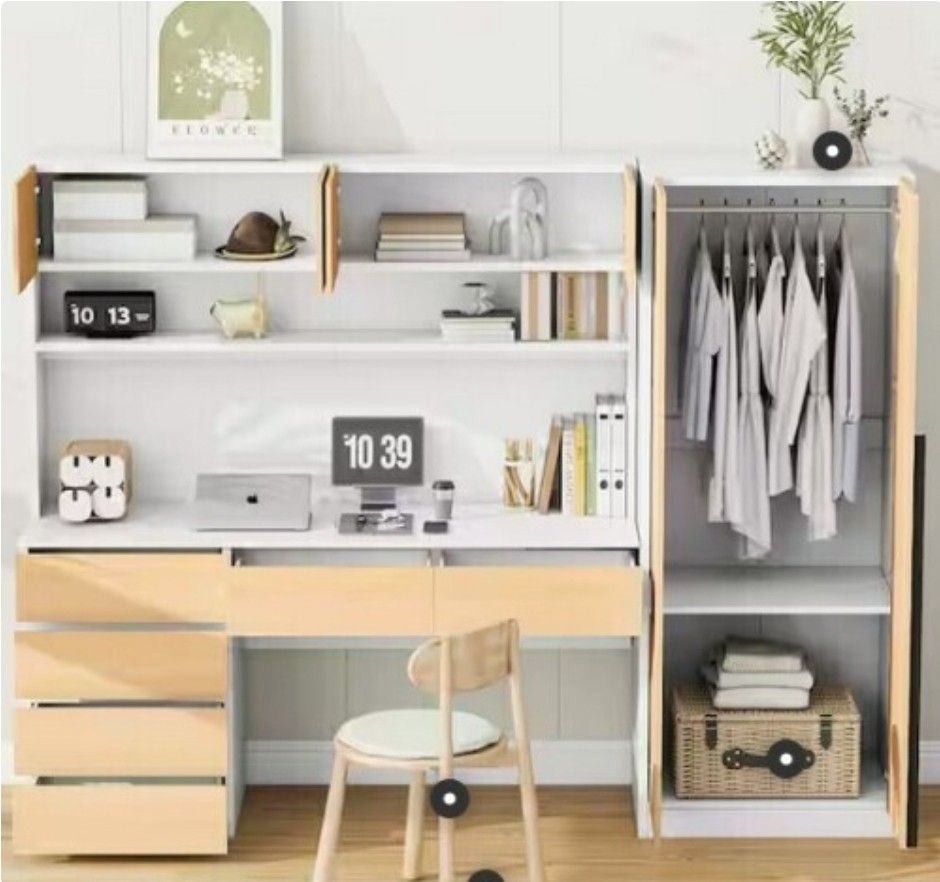 🆕️Harper & Bright Natural 90.9 in. 2-Doors Wood Wardrobe Armoire with Built-in Desk, Storage Shelves and 6 Drawers (4 Boxes) 