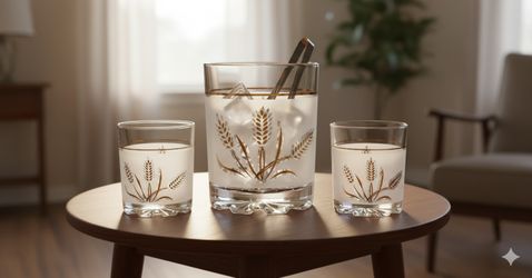 1960s Vintage Midcentury Italian Frosted Glass Ice Bucket and Whiskey Glasses