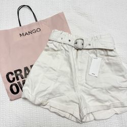 Mango Paper bag White Off White Shorts Belt High Waisted 
