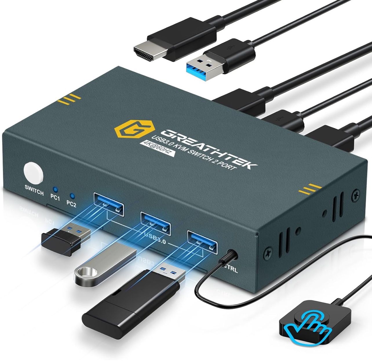 USB3.0 KVM Switch 2 Port HDMI, 4K@60Hz KVM Switch 1 Monitors 2 Computers with 3 USB3.0 Ports, HDMI KVM Switches for 2 PCs Share 1 Monitors and USB Dev