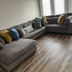 Potato Barn Oversized Plush Down Feather Chaise Sectional, Gray Basketweave Performance Fabric