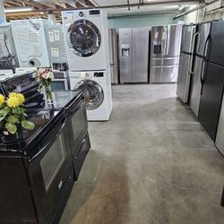 BLOW OUT SALE WAREHOUSE FULL OF NICE CERTIFIED GENTLY USED WASHER DRYER FRIDGE STOVE OVEN STACKABLE FREE WARRANTY SAMSUNG GE WHIRLPOOL LG BOSH KENMORE