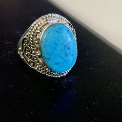 VINTAGE 925 SOLID STERLING SILVER & NATURAL TURQUOISE GEMSTONE CABOCHON MEN’S  RING,-ADJUSTABLE SIZE 