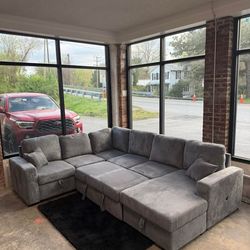 Last One! | Corduroy Sectional with Storage, Pullout Bed & USB Charging