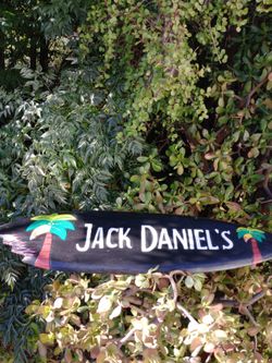 Hand-Crafted Wooden Jack Daniel's Surfboard Wall Plaque – Tropical Home Bar Decor from Bali (39x10 Inches)