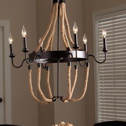 Baxton Studio Cassia Vintage Industrial Antique Style Hemp and Dark Bronze Metal 6 Light Chandelier