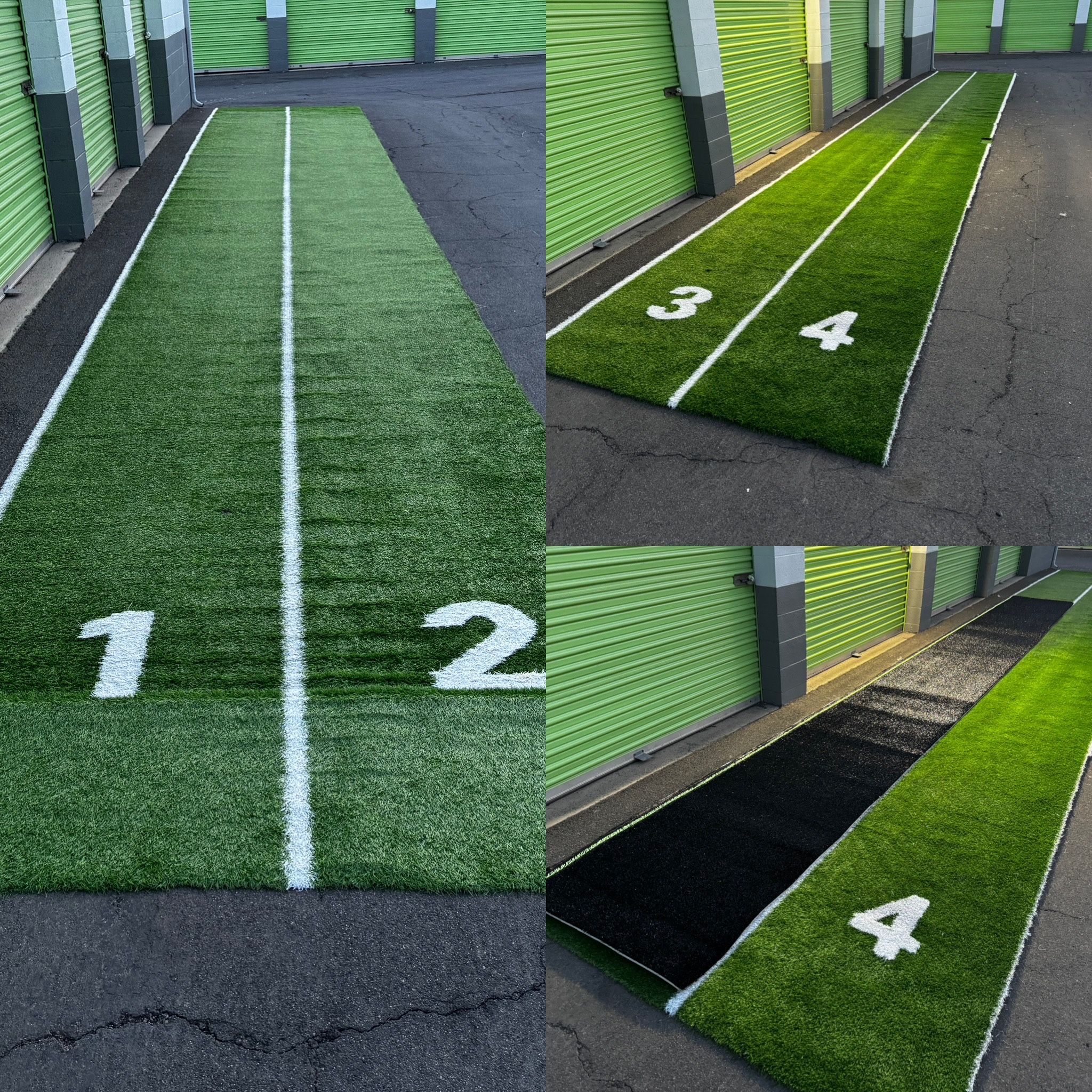 CrossFit Gym Flooring – Artificial Turf Tracks (Lanes 1–4) & Black Shock-Absorbing Rubber Mat 