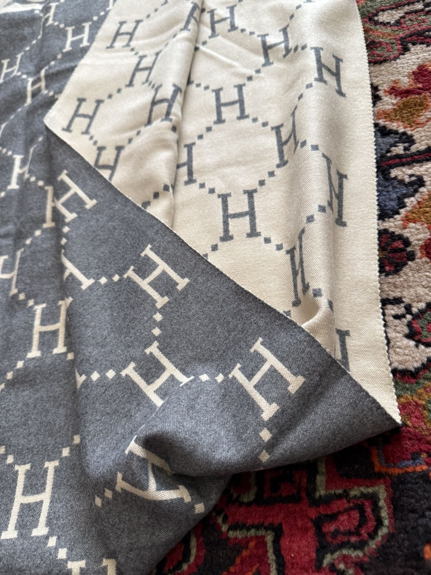 Stunning, Gray And Beige Hermès Cashmere Shawl Wrap Throw