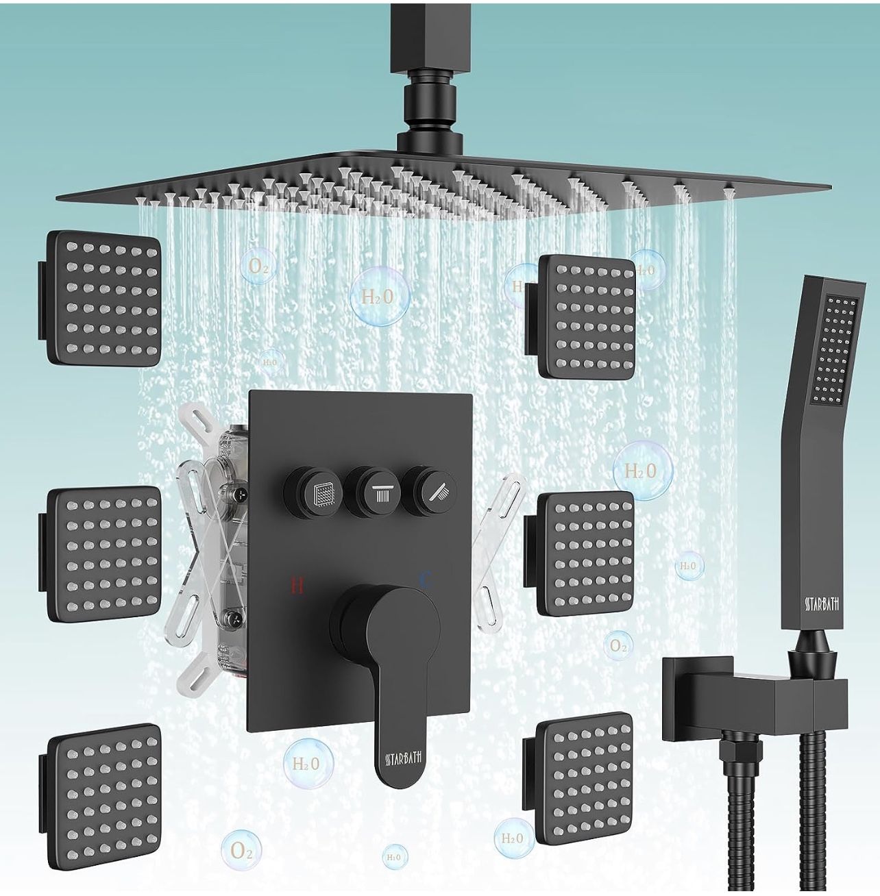 Brand new in the box- Shower Jets System in Wall, STARBATH 12 Inch Ceiling Mount Rainfall Shower System with Handheld Spray and 6 Body Jets, Can Run A