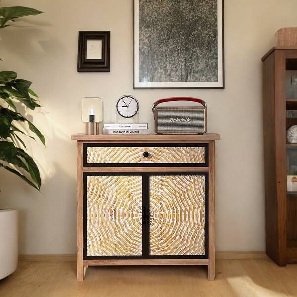 Natural Wood 30.71 in. H Storage Cabinet with Drawers and Doors - 29.53" x 14.17"