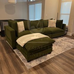 Olive Velvet Kova Cloud Couch Sectional With Storage Ottoman
