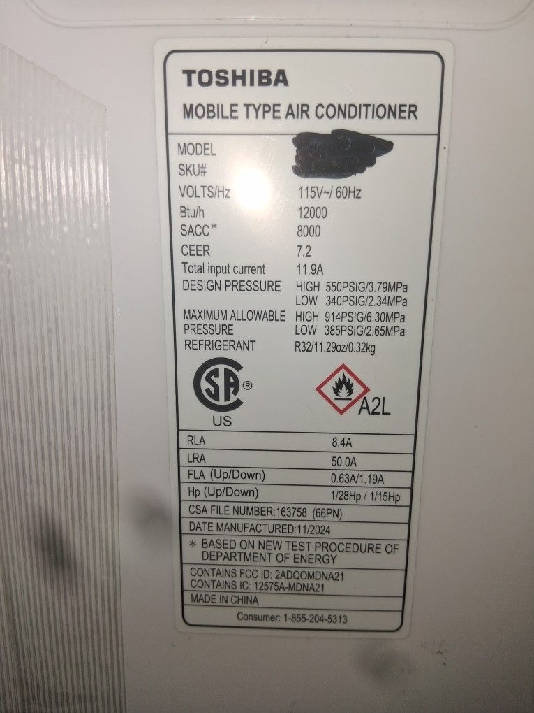 Toshiba 8000 Btu Portable A/C Unit