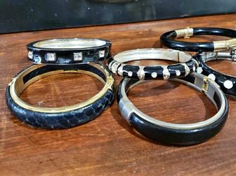 Six Beautiful Vintage Hinged Bangle Bracelets, Black & Variety Of White, Gold, Rhinestone! Price For All!