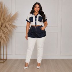 Plus size Two-Tone Rhinestone Denim 2 Piece Set