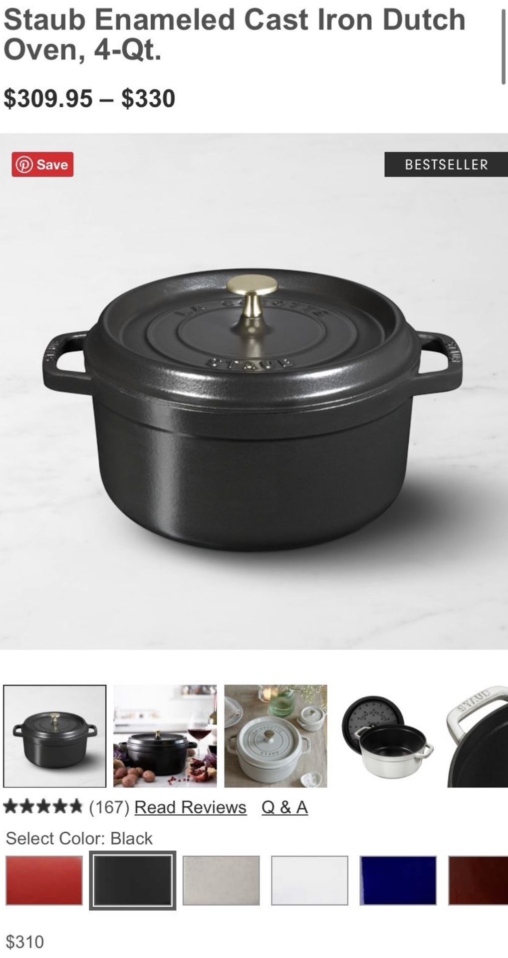 BRAND NEW Staub Cast Iron 4Qt Dutch Oven In Black