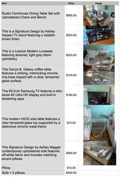 Sofas with pillows, table with chairs and bench, coffee and side tables, TV Set and Stand.