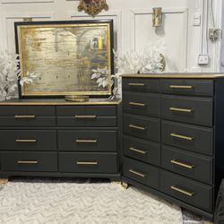 Black and Gold Dresser Set with Mirror | Matte Black Tallboy | Luxury Glam Furniture | Vintage Refurbished Bedroom Set