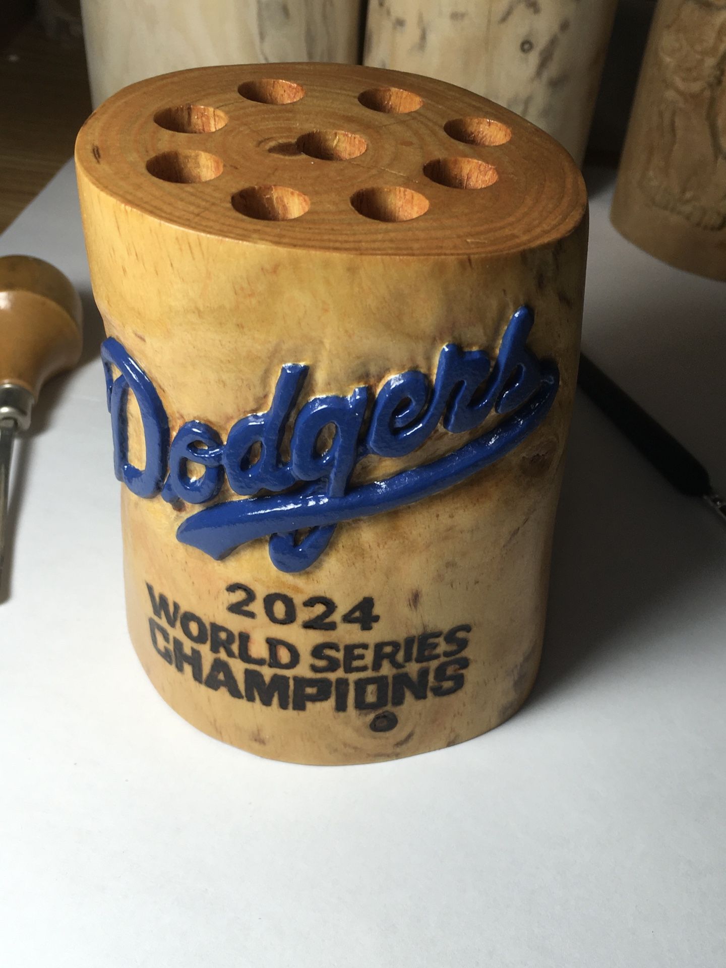 Dodgers Hand Carved Out Of Wood Pen or Pencil Holder