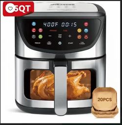 MIRASTON 8.5QT Large Air Fryer with Viewing Window, 10-in-1 Digital Family Size Air Fryer, Dishwasher Safe, Healthy Oil-Free Cooking, Stainless Steel