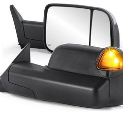 Pair Black Power Heated Towing Mirrors Compatible for 1 Dodge Ram 1500/1 Dodge Ram 2 w/Led Turn Light