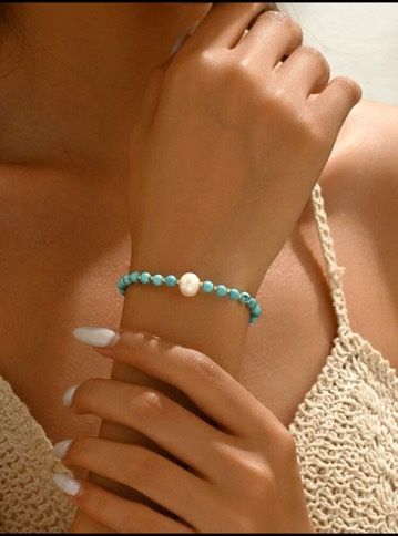 Pearl With Turquoise Beads Adjustable Womens Bracelet
