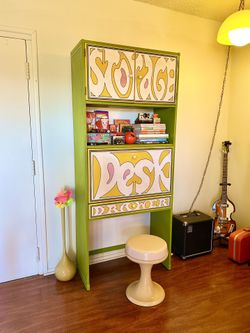 Vintage Hutch Secretary Desk Green Yellow Drexel Plus One Cabinet Bookshelf 1960s 70s Rare Mod Mid Century