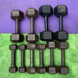 • LESS THEN $1 POUND •   :  SET OF STEEL HEX  DUMBBELLS (PAIRS OF)   :  5s  8s  10s  15s   20s