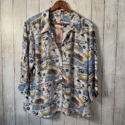 NWT Allison Daley PL Button-Up Top – Nautical Beach Print, 3/4 Sleeve Camp Style