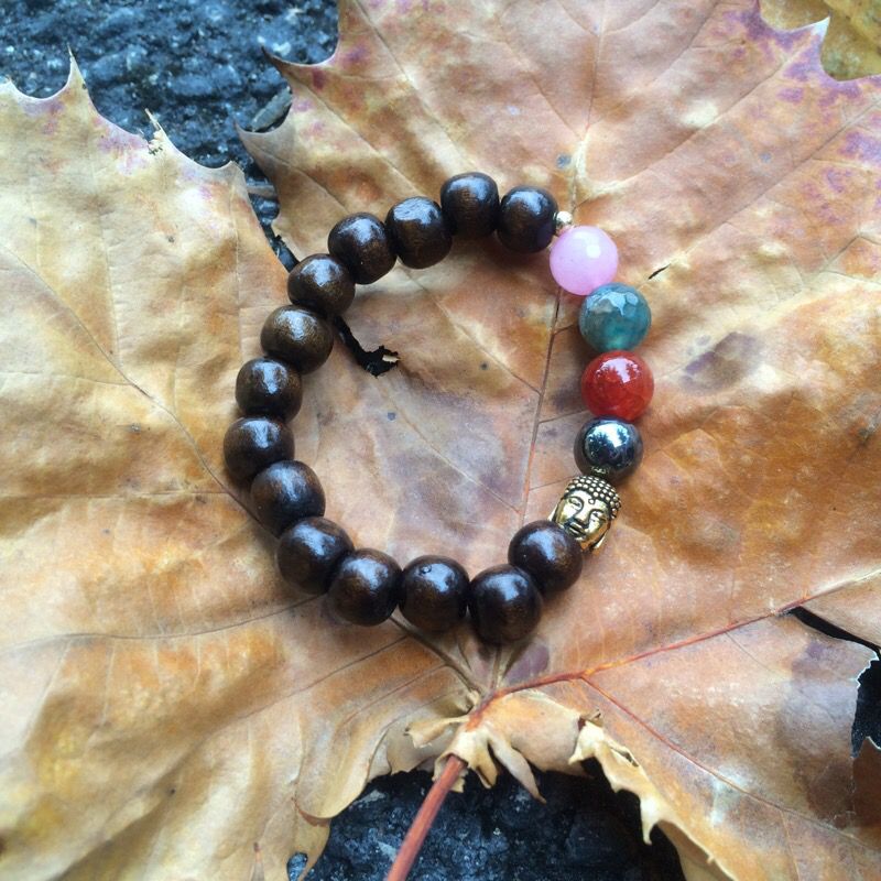 Wood bead and natural gemstone bracelet