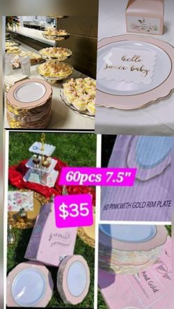 60pcs Pink Dessert Plates - 7.5inch Baroque Pink and White  gold trim Disposable Reusable premium quality